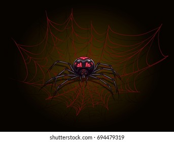 Big scary spider on Halloween. Vector illustration on dark background. 