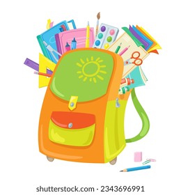 Big school bag with school supplies. Items for children's education. In cartoon style. Isolated on white background. Vector flat illustration