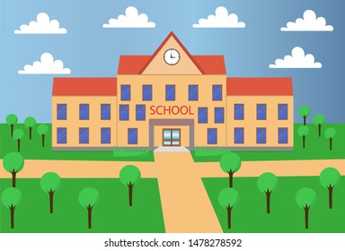 Big School Building With Clock In Flat Design
