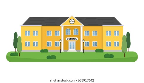 Big School building with trees, shrubs and lampposts vector illustration. Can be used for web banner, backdrop. Layout template. Flat.