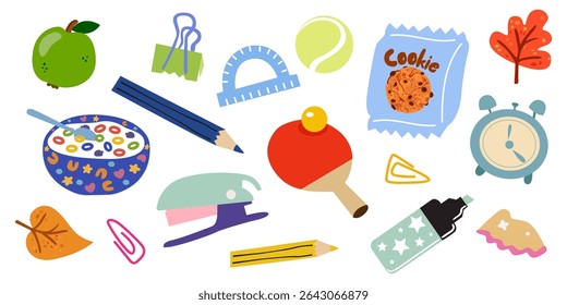 Coleção de adesivos retro de desenho animado da escola grande. De volta ao tema da escola. Imobilizado, lanches, elementos alimentares, equipamento desportivo
