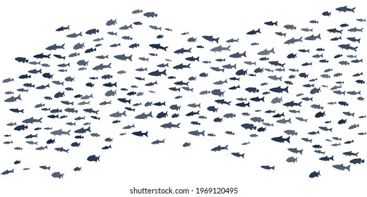 Big school of fish swimming vector illustration. Ocean or sea animals background. Shoal of fishes isolated on white. Marine underwater animals summer design.