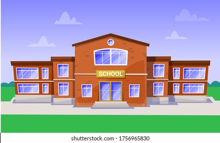 Big school with green territory schoolyard for outdoor lessons and playing games. Red building for primary and secondary education, study for children vector. Back to school concept. Flat cartoon