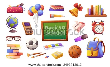 Big School Set. Back to school, first day of school. Student, schoolchildren collection. Bright cartoon vector