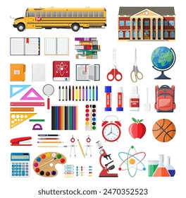 Big school set. Different school supplies, stationery. Note globe paint pencil pen calculator backpack clock scissors ball apple building schoolbus ruler atom. Vector illustration in flat style