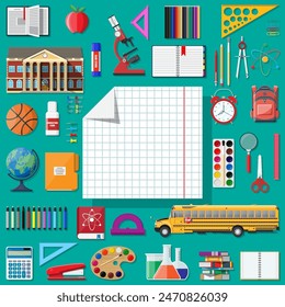 Big school set. Different school supplies, stationery. Note globe paint pencil pen calculator backpack clock scissors ball apple building schoolbus ruler atom. Vector illustration in flat style