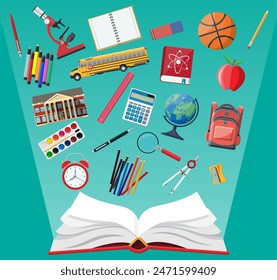 Big school set. Different school supplies, stationery. Note globe paint pencil pen calculator backpack clock book ball apple building schoolbus ruler atom. Vector illustration in flat style