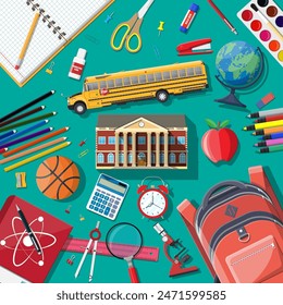 Big school set. Different school supplies, stationery. Note globe paint pencil pen calculator backpack clock scissors ball apple building schoolbus ruler atom. Vector illustration in flat style