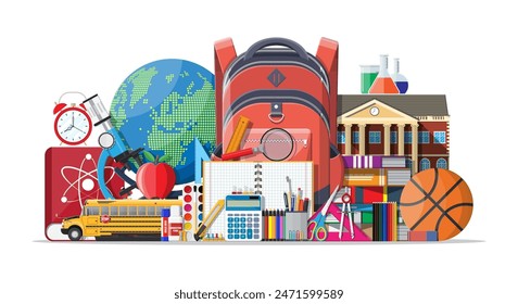 Big school set. Different school supplies, stationery. Note globe paint pencil pen calculator backpack clock scissors ball apple building schoolbus ruler atom. Vector illustration in flat style