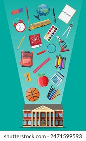 Big school set. Different school supplies, stationery. Note globe paint pencil pen calculator backpack clock book ball apple building schoolbus ruler atom. Vector illustration in flat style