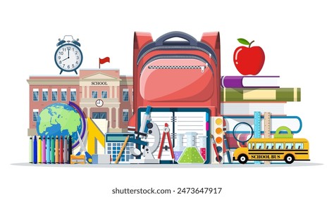 Big school set. Different school supplies, stationery. Note globe paint pencil pen calculator backpack clock scissors apple building schoolbus ruler atom. Vector illustration in flat style