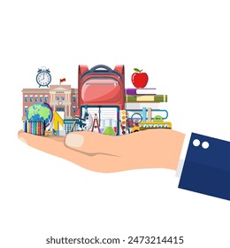 Big school set in hand. Different school supplies, stationery. Note globe paint pencil pen calculator backpack clock scissors apple building schoolbus ruler atom. Vector illustration flat style