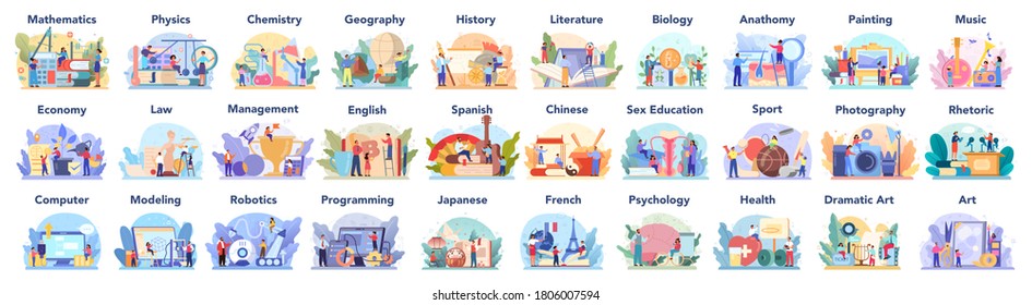 Big school subject or educational class set. Student studying social and natural science. Modern school education system. Isolated flat vector illustration