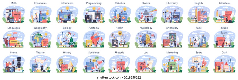 Big School Subject Or Educational Class Set. Student Studying Social And Natural Science. Modern School Education System. Isolated Flat Vector Illustration