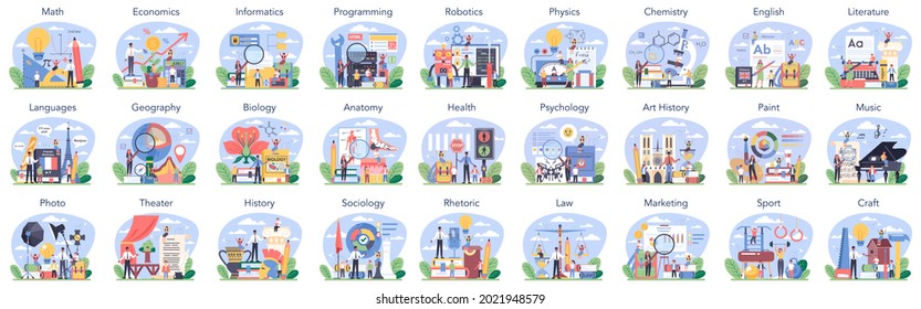 Big School Subject Or Educational Class Set. Student Studying Social And Natural Science. Modern School Education System. Isolated Flat Vector Illustration