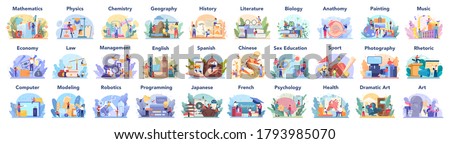 Big school subject or educational class set. Student studying social and natural science. Modern school education system. Isolated flat vector illustration