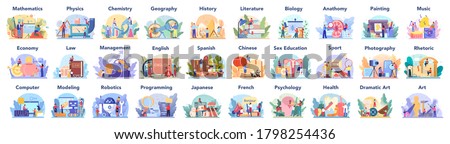 Big school subject or educational class set. Student studying social and natural science. Modern school education system. Isolated flat vector illustration