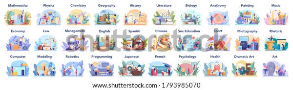 Big school subject or educational\
class set. Student studying social and natural science. Modern\
school education system. Isolated flat vector\
illustration