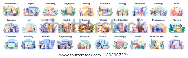 Big school subject or educational\
class set. Student studying social and natural science. Modern\
school education system. Isolated flat vector\
illustration