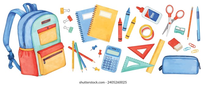 Big school supplies collection, Back to school student equipment isolated watercolor elements. Backpack, notebooks, colored pencils and crayons, stationery and writing tools, Education concept set