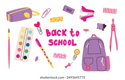 Gran colección de útiles escolares, equipo de estudiantes de regreso a la escuela aislado en Elementos blancos. Ilustración plana de Vector Mochila, cuadernos, lápices de colores y lápices de colores, papelería y herramientas de escritura . E