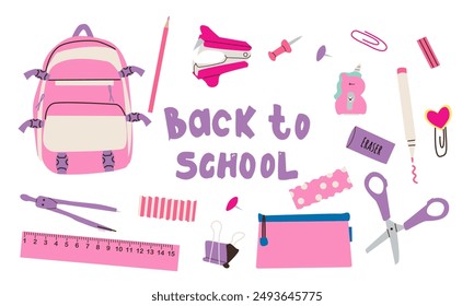 Gran colección de útiles escolares, equipo de estudiantes de regreso a la escuela aislado en Elementos blancos. Ilustración plana de Vector Mochila, cuadernos, lápices de colores y lápices de colores, papelería y herramientas de escritura . E