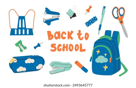 Gran colección de útiles escolares, equipo de estudiantes de regreso a la escuela aislado en Elementos blancos. Ilustración plana de Vector Mochila, cuadernos, lápices de colores y lápices de colores, papelería y herramientas de escritura . E