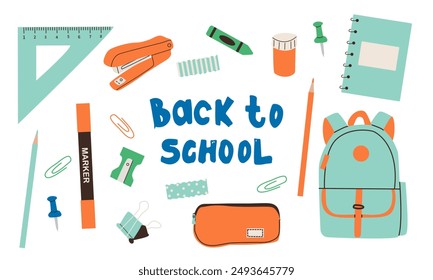 Gran colección de útiles escolares, equipo de estudiantes de regreso a la escuela aislado en Elementos blancos. Ilustración plana de Vector Mochila, cuadernos, lápices de colores y lápices de colores, papelería y herramientas de escritura . E