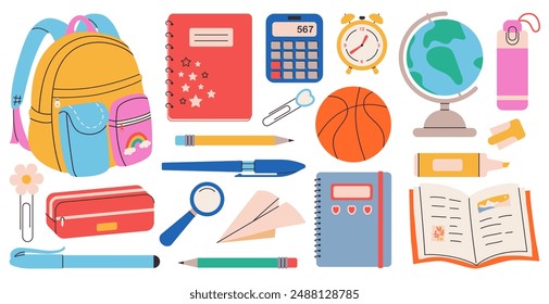 Big School supplies set. Cute school stationery collection. Backpack, book, notebooks, notepad, pen, pencils, marker, globe, alarm clock. for banner, poster, tag, scrapbooking. Vector hand draw 