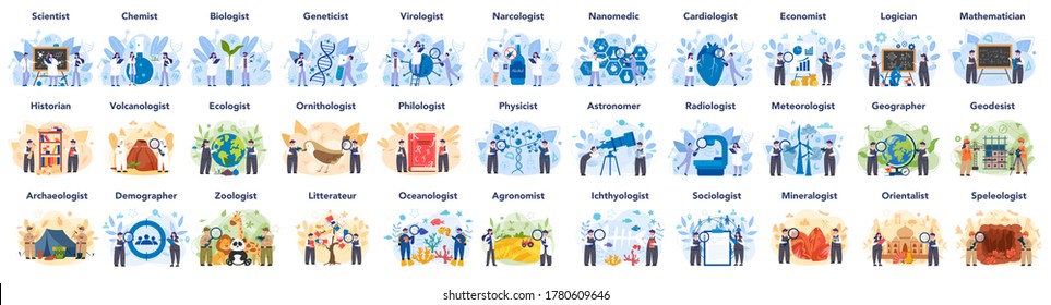 Big Scientist Profession Concept Illustration. Idea Of Scientific Research And Innovation. Study Biology, Chemistry, Physics And Other Subjects At The University. Isolated Flat Illustration