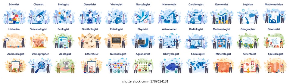 Big scientist profession concept illustration. Idea of scientific research and innovation. Study biology, chemistry, physics and other subjects at the university. Isolated flat illustration