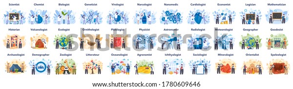 Big scientist profession concept\
illustration. Idea of scientific research and innovation. Study\
biology, chemistry, physics and other subjects at the university.\
Isolated flat illustration