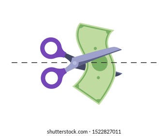 Big scissors cutting dollar on dashed line. Vector flat illustration of rate cut. Financial concept.