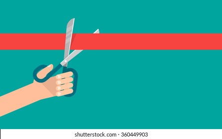 Big scissors in a hand. The scissors cut red ribbon. Grand opening ceremony, celebration or event poster. Isolated vector illustration flat style.