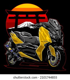 big scooter with japanese mountain in background, t-shirt design, biker, motorcycle club, patch, naked bike, cool helmet, arai, shovelhead engine, panhead, knucklehead, xmax, motorrad, Motorradfahrer