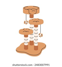 Big scratching post with some poles. Furniture for cat claws care with teasers, kitten toys. Pets' accessory for playing, fun. Domestic animals amusement. Flat isolated vector illustration on white