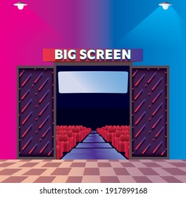 Big screen concept of movie theatre entrance opened and with colorful lights in vector illustration