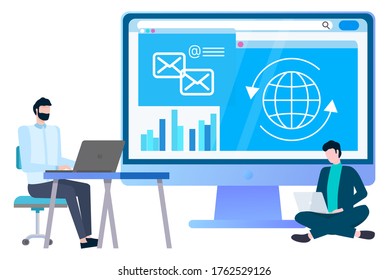 Big screen with financial data info, global messages and communication, busy guys writing business plan. Man typing on notebook at table and on floor