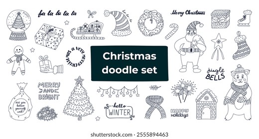 Big scribble doodle and lettering set for Xmas, New Year, wintertime. Hand drawn Christmas tree, Santa Claus, winter and holiday elements, lights, present. Childish Noel collection isolated on white.