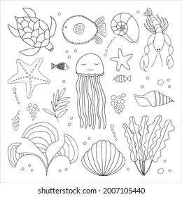 Big sea animals set. Vector sealife colouring page. Hand drawn doodle, fish and underwater animals. Design for stickers, decor, pattern, print, cards. Turtle, jellyfish, ball fish, starfish, seaweed.