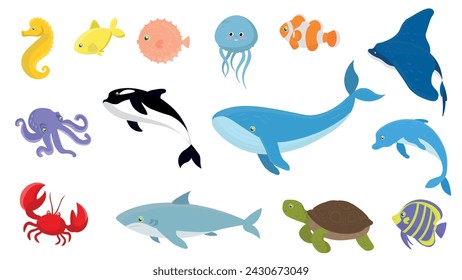 Big sea life set. 14 items. Sea creatures, cartoon flat design. Vector illustrations isolated on white background. 