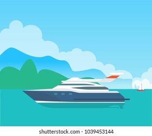 大海のモーターボートとかわいい船 カラーバナー 山のシルエットを持つベクターイラスト 丸い雲 白い帆を持つ小さな船 晴れた日 のベクター画像素材 ロイヤリティフリー Shutterstock