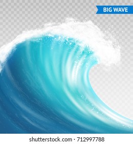 Big sea or ocean wave with spray, foam on crest and reflection on transparent background vector illustration
