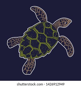 Big sea ocean wild animal turtle slow swim colorful drawing graphic style cartoon character vector illustration retro vintage style. With beauty green panzer pattern on back poster print design.