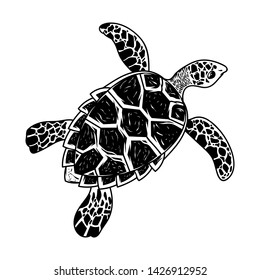 Big sea ocean wild animal turtle slow swim monochrome drawing graphic style cartoon character vector illustration retro vintage style. With beauty panzer pattern on back poster print design.
