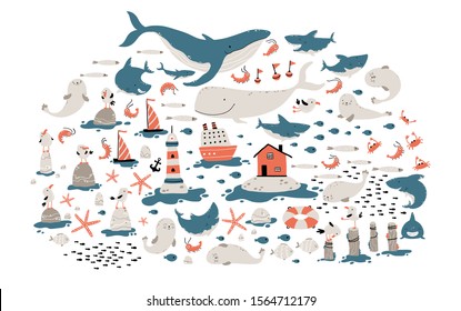 Big sea set. Childish illustration in simple hand-drawn Scandinavian style. Cute animals and fish. Whales, sharks, seagulls, etc. Lighthouse, Nordic house, ships.