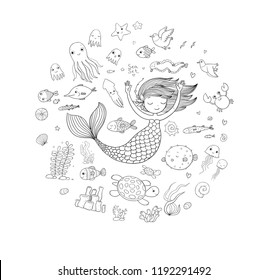 Big sea set. Cute cartoon mermaid and funny fishes. Marine themes. Hand drawing isolated objects on white background. Vector illustration. 