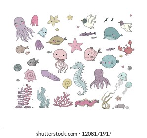 Big sea set. Cute cartoon fish, gull, octopus and algae. Marine theme. Hand drawing isolated objects on white background. Vector illustration. 