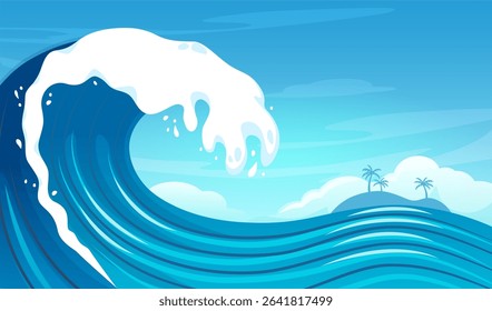 Big sea wave background. Storm ocean water tide wave with splashes and foam, tropical island with palm trees, surfing beach. Summer landscape for travel, surf brands. Cartoon vector marine background.
