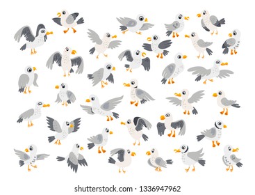 Big seagulls collection isolated on white background. Vector set of cartoon character Sea Gull in flat style. Atlantic seabird flying
